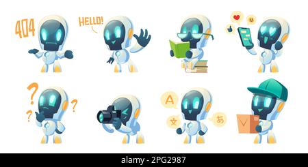 Illustration de l'ensemble de vecteur de dessin animé mignon chat bot. Blanc drôle de conversation intelligente robot, assistant faire main geste en saluant, 404 message d'erreur et de penser avec point d'interrogation, traducteur Illustration de Vecteur