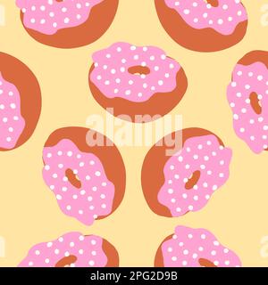 Motif sans couture des anneaux en forme de beignet, style de dessin animé plat. Une boule blanche saupoudrée d'une crème glacée rose à base de chocolat. Boulangerie douce. Vecteur coloré Illustration de Vecteur