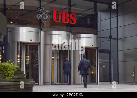 Londres, Royaume-Uni. 20th mars 2023. Vue extérieure des bureaux d'UBS UK dans la City de Londres, alors que le géant bancaire suisse annonce sa prise de contrôle de la banque en difficulté Credit Suisse. Credit: Vuk Valcic/Alamy Live News Banque D'Images