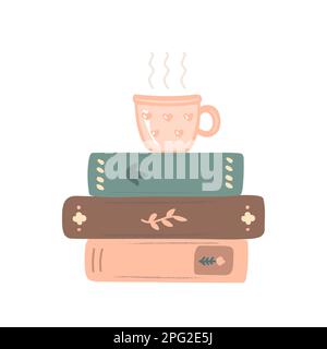 Tasse de boisson chaude debout sur pile de livres vintage. Lecture, hygge et concept de soirée fée, illustration vectorielle isolée sur blanc. Illustration de Vecteur