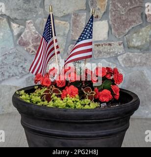 Pot de begonias rouges et de coleus avec deux drapeaux américains le jour du printemps à St. Croix Falls, Wisconsin, États-Unis. Banque D'Images