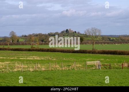 Vue lointaine de l'église St Arilda sur une colline, Oldbury-on-Severn, South Gloucestershire, Angleterre, Royaume-Uni Banque D'Images