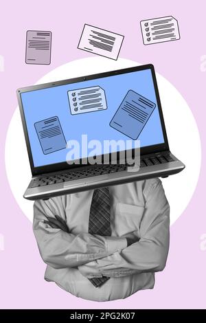 Collage artistique, ordinateur portable avec téléphone, icône de signature électronique sur fond clair, travail de bureau sans papier. Le concept de travailler n'importe où dans le moût Banque D'Images