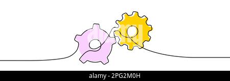 Deux engrenages un dessin de ligne. Illustration d'une ligne continue de la roue dentée. Engrenage à crémaillère mobile. Illustration vectorielle. Illustration de Vecteur