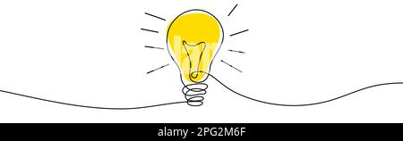 Ampoule allumée. Dessin d'une ligne jaune continue de l'ampoule électrique. Concept d'émergence d'idée. Illustration vectorielle. Illustration de Vecteur