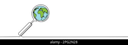 Dessin continu d'une ligne de la planète mondiale avec icône de recherche en verre. Explorer la planète Terre. Dessin de loupe. Illustration de Vecteur
