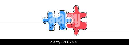 Puzzle illustration vectorielle à une ligne. Casse-têtes bleus et rouges, dessin continu à la main. Illustration de Vecteur