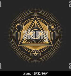 Occulte Emblem de Masonic tous voyant l'œil de la Providence isolé sur fond noir. Illustration vectorielle Illustration de Vecteur