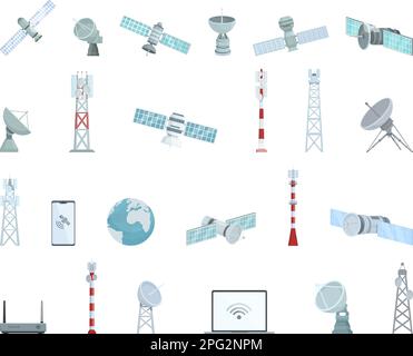 Les icônes Internet par satellite définissent un vecteur de dessin animé. Communication avec l'antenne. Signal Internet Illustration de Vecteur