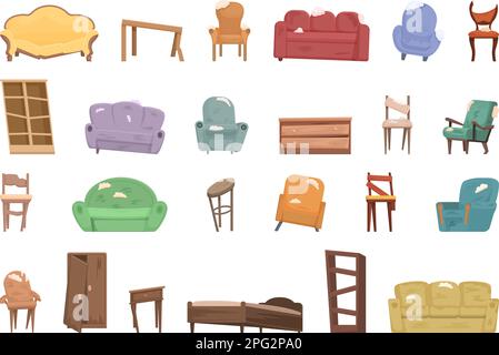 Les icônes de mobilier cassé définissent le vecteur de dessin animé. Chambre intérieure. Canapé ancien Illustration de Vecteur