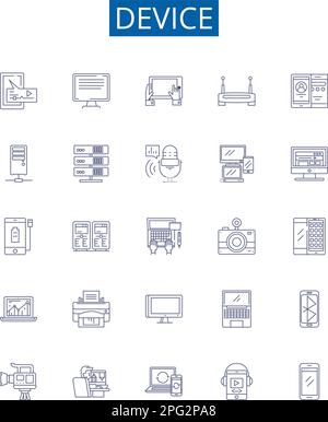 Icônes de ligne de périphérique signes ensemble. Collection de conception de dispositif, gadget, outil, équipement, outil, Gizmo, contraste, vecteur de concept de contour de mécanisme Illustration de Vecteur