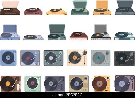 Les icônes de lecteur de vinyle définissent le vecteur de dessin animé. Musique de platine. Enregistrer ancien Illustration de Vecteur