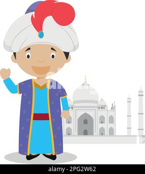 Personnage de dessin animé de Mughal avec l'illustration de Taj Mahal. Illustration vectorielle. Collection d'histoire pour enfants. Illustration de Vecteur