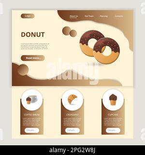 Modèle de site Web de page d'arrivée plate Donut. Pause café, croissant, petit gâteau. Bannière Web avec en-tête, contenu et pied de page. Illustration vectorielle. Illustration de Vecteur