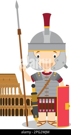 Personnage de dessin animé de soldat de l'Empire romain avec le Colisseum. Illustration vectorielle. Collection d'histoire pour enfants. Illustration de Vecteur
