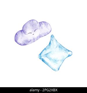 Accessoires aquarelle pour enfants. Dessin d'oreillers doux dans les couleurs bleu et violet. Décor pour enfants. Convient pour le papier peint, l'arrière-plan, la boutique, le gr Banque D'Images