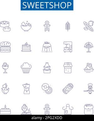 Mise en place des affiches pour les icônes de la gamme Sweetshop. Collection design de bonbons, sucreries, confiseries, chocolats, Toffee, Concept de contour caramel, gommies, pralines Illustration de Vecteur