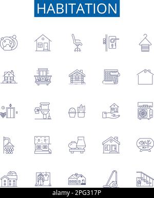 Ensemble de panneaux d'icônes de ligne d'habitation. Collection de conception de logement, résidence, logement, Dwell, maison, Homestead, Tenancy, concept de contour d'habitation Illustration de Vecteur