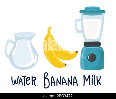 Modèle d'étiquette de lait aromatisé : illustration vectorielle lait de banane. Comment faire de la banane lait vecteur de bande dessinée. Ajouter de l'eau de banane au mixeur lait de légumes. VE Illustration de Vecteur