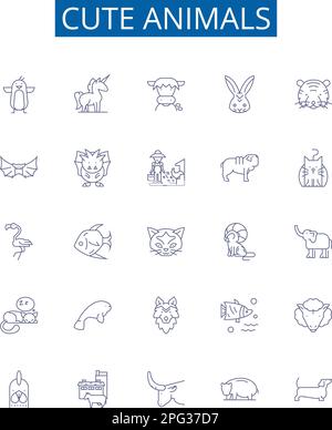 Ensemble de panneaux icônes de ligne d'animaux mignons. Collection design de Furry, chatons, tasses, peluche, chiot, Illustrations vectorielles de concept de contour de câline, ours, lapin Illustration de Vecteur
