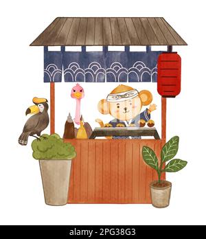 Boutique japonaise takoyaki avec animaux sauvages . Peinture aquarelle réaliste avec papier texturé . Dessin de personnage de dessin animé . Vecteur . Illustration de Vecteur