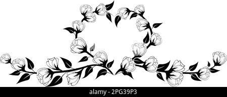 Fond floral, arrangement floral en forme de coeur, fond floral avec des fleurs délicates et des branches de bourgeons. Dessin à la main. Illustration de Vecteur