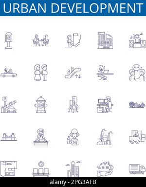 Ensemble de panneaux d'icônes de ligne de développement urbain. Collection de conception de , urbanisation, planification, infrastructure, transport, Quartiers, croissance Illustration de Vecteur