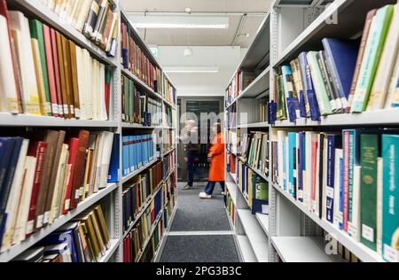 Mayence, Allemagne. 20th mars 2023. Des représentants de la presse contre à travers la bibliothèque lors d'une visite du nouveau bâtiment de LEIZA (Centre Leibniz d'archéologie) journalistes ont acquis un aperçu du travail de l'institution. Le LEIZA (Leibniz Centre for Archaeology) (anciennement RGZM/Roman-Germanic Central Museum) est une institution de recherche internationale active en archéologie. Credit: Andreas Arnold/dpa/Alay Live News Banque D'Images