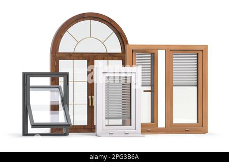 Fenêtres de différents types isolées sur blanc. 3d illustration Banque D'Images