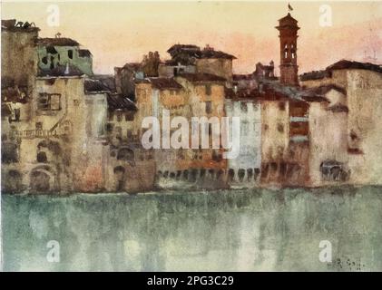 Vieilles maisons sur la rive gauche de l'Arno, à droite de la photo, se trouve la tour de l'église de S. Jacopo. Un coucher de soleil à la fin de l'automne. Peint par le colonel Robert Charles Goff dans le livre « Florence & some Tuscan cities » de Clarissa Goff publié par A & C Black en 1905 Banque D'Images