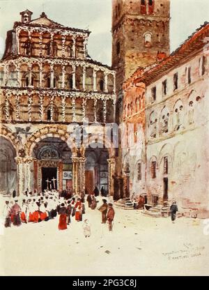 Face ouest de la cathédrale de San Martino Lucca Une procession traverse la Piazza pendant les Rogations peintes par le colonel Robert Charles Goff du livre « Florence & certaines villes toscanes » de Clarissa Goff publié par A & C Black en 1905 Banque D'Images