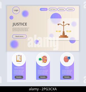 Modèle de site Web de la page d'accueil de Justice. Imagination, précision, logique. Bannière Web avec en-tête, contenu et pied de page. Illustration vectorielle. Illustration de Vecteur