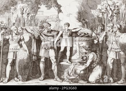 L'enfant Hannibal Barca, 247 - vers 183 av. J.-C. se déporte à son père, le général carthaginois Hamilcar Barca, vers 275 - 228 av. J.-C., haine éternelle de Rome. Après une œuvre de Bartolomeo Pinelli datant de 19th ans. Banque D'Images