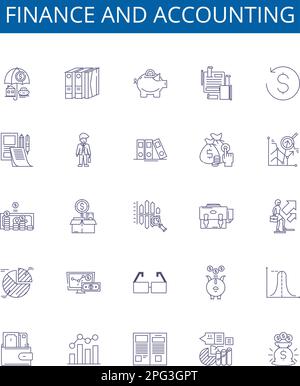 Les affiches des icônes de la ligne Finance et Comptabilité sont mises en place. Collection de conception de finances, comptabilité, banque, tenue de livres, fiscalité, Investissement, audit, budgétisation Illustration de Vecteur