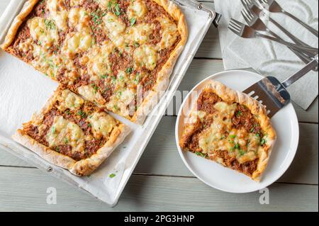 Pizza au bœuf haché, au fromage, aux tomates, aux oignons, aux poivrons et aux herbes sur une plaque de cuisson Banque D'Images