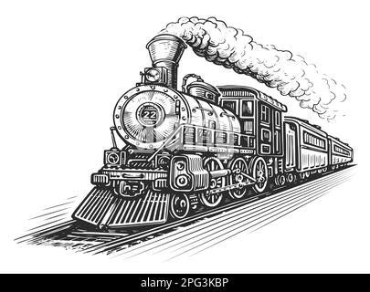 Train rétro mobile dessiné à la main, illustration d'esquisse. Locomotive à vapeur de chemin de fer d'époque dans le style de la vieille gravure Banque D'Images