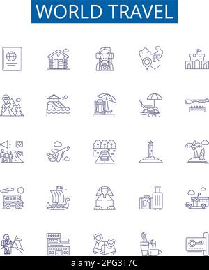 Ensemble de panneaux d'icônes de la ligne World Travel. Collection Design de Voyage, Tour, expédition, Voyage, exploration, Trek, Roam, Sightseeing Outline concept Vector Illustration de Vecteur