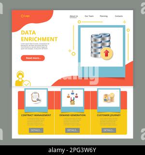 Modèle de site Web de page d'arrivée plate d'enrichissement des données. Gestion des contrats, génération de la demande, parcours client. Bannière Web avec en-tête, contenu et Illustration de Vecteur