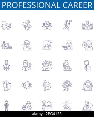 Ensemble de panneaux d'icônes de ligne de carrière professionnelle. Collection de conception de production, succès, réalisation, gain, maîtrise, Promotion, choix, Programme d'avancement Illustration de Vecteur