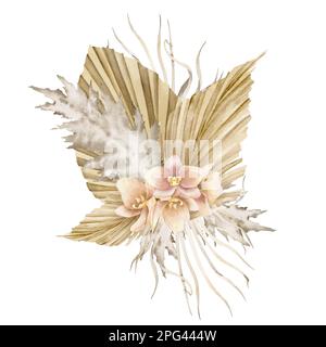 Composition florale avec fleurs séchées dans le style Boho. Illustration d'aquarelle bohémienne dessinée à la main sur fond isolé avec feuilles de palmier et orchidées. Bouquet de couleurs pastel pour les invitations de mariage. Banque D'Images
