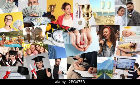 Conception du panneau de vision. Collage avec différentes photos représentant des rêves Banque D'Images