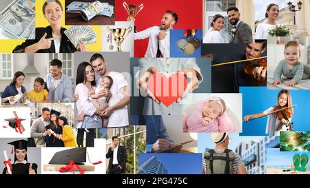 Conception du panneau de vision. Collage avec différentes photos représentant des rêves Banque D'Images