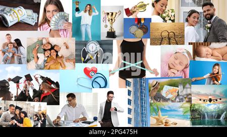 Conception du panneau de vision. Collage avec différentes photos représentant des rêves Banque D'Images