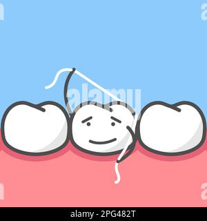 Mignonne caractère de dent lui votant lui-même, l'hygiène buccale et le nettoyage des dents avec fil dentaire, vecteur Illustration de Vecteur
