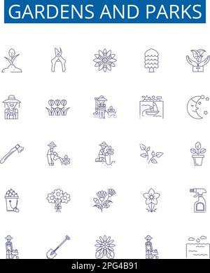 Des panneaux d'icônes de jardins et de parcs sont mis en place. Collection design de jardins, parcs, végétation, flore, faune, les arbustes, les arbres, les haies définissent le vecteur de concept Illustration de Vecteur
