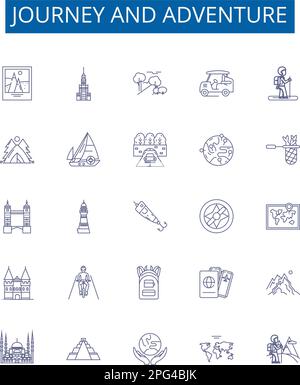 Ensemble de panneaux d'icônes de la ligne voyage et aventure. Collection design de Voyage, expédition, Trek, traverse, Roam, Expeditionary, Tour, exploration Outline Illustration de Vecteur