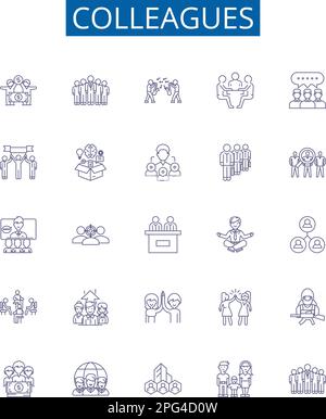 Mise en place des affiches d'icônes de la ligne des collègues. Conception de la collection de collègues, collègues, collègues de travail, associés, camarades, Partenaires, collègues, amis concept de contour Illustration de Vecteur