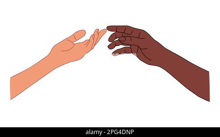 Interracial deux mains se tendant l'une vers l'autre. Illustration de Vecteur