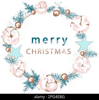 Couronne avec fleurs de coton et branches. Décoration de Noël. Illustration vectorielle Illustration de Vecteur