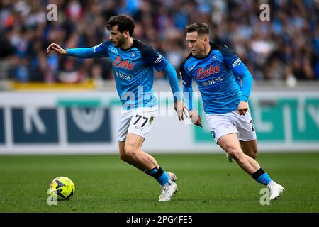 Turin, Italie. 19 mars 2023. Khvicha Kvaratskhelia de SSC Napoli et Piotr Zielinski de SSC Napoli sont vus pendant le match de football de la série A entre le FC de Turin et la SSC Napoli. Credit: Nicolò Campo/Alay Live News Banque D'Images